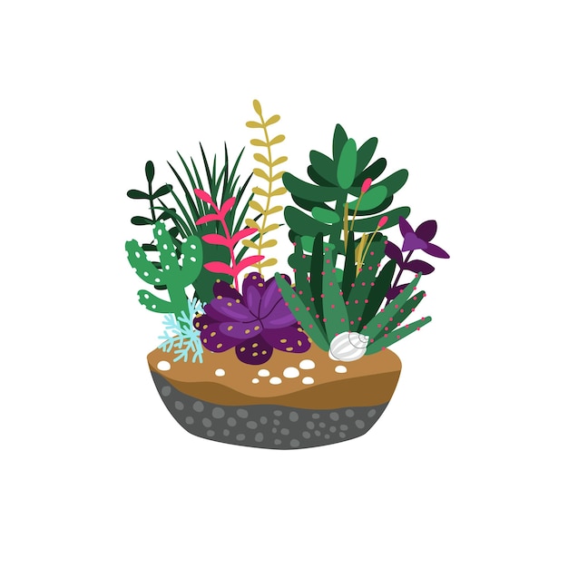 Suculentas de desenho animado. composição de cactos fofos e ramos com folhas, natureza floral desenhada à mão, conceito de ilustração vetorial de jardinagem isolado no fundo branco