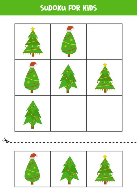 Sudoku com três fotos para crianças em idade pré-escolar. jogo lógico com árvores de natal.