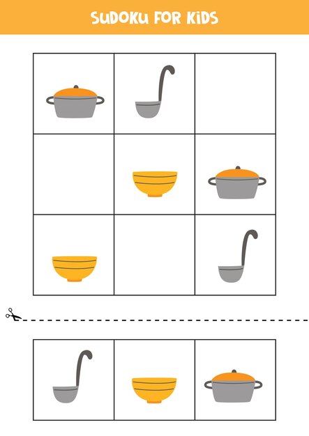 Sudoku com três fotos para crianças em idade pré-escolar. jogo lógico com utensílios de cozinha.