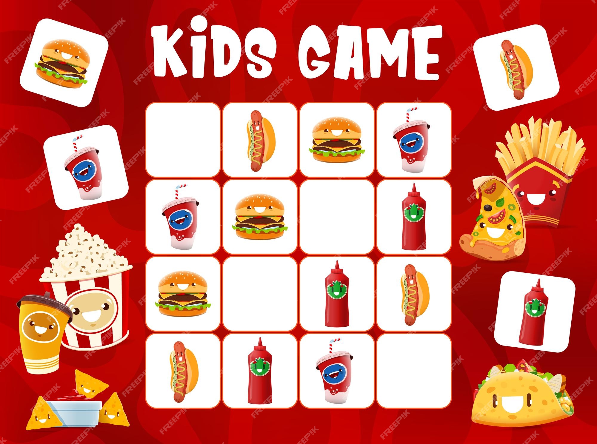 Planilha do jogo sudoku com personagens de desenhos animados de fast food e  sobremesa vetor crianças