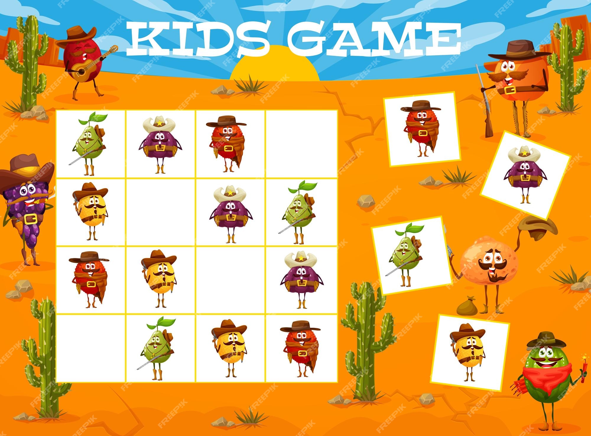 Jogo infantil sudoku, doces de desenho animado, personagens de