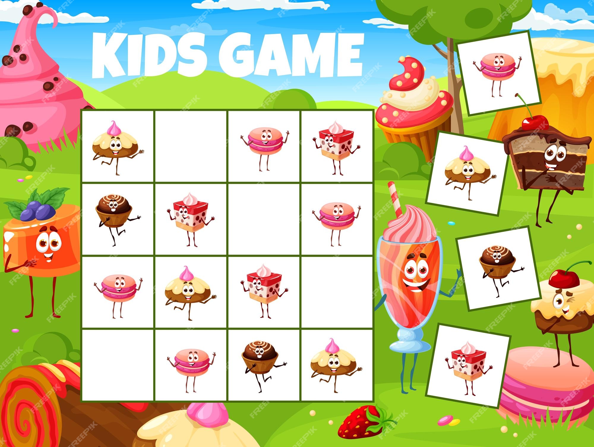 Jogo infantil sudoku, doces de desenho animado, personagens de