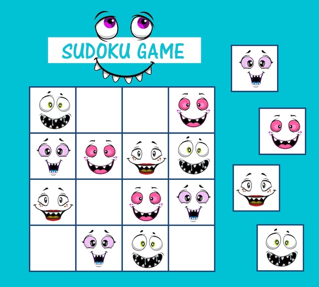 Sudoku kids game vector enigma com caras engraçadas de desenhos animados e focinhos de monstro a bordo. enigma da lógica infantil, tarefa educacional, atividade escolar ou pré-escolar, recreação de lazer, jogo de tabuleiro com cartas