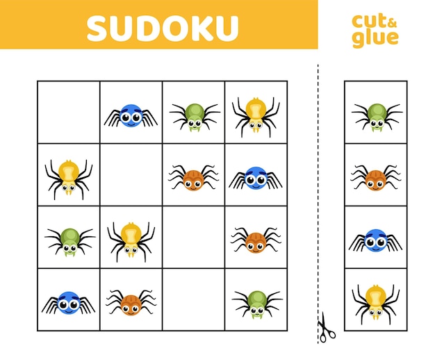 Vetor sudoku para crianças com aranhas halloween jogo de sudoku para crianças corte e cola