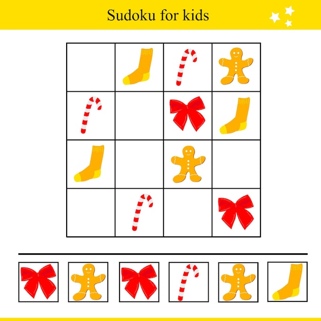 Sudoku para crianças com elementos de férias de inverno. jogo educativo para crianças. ilustração vetorial