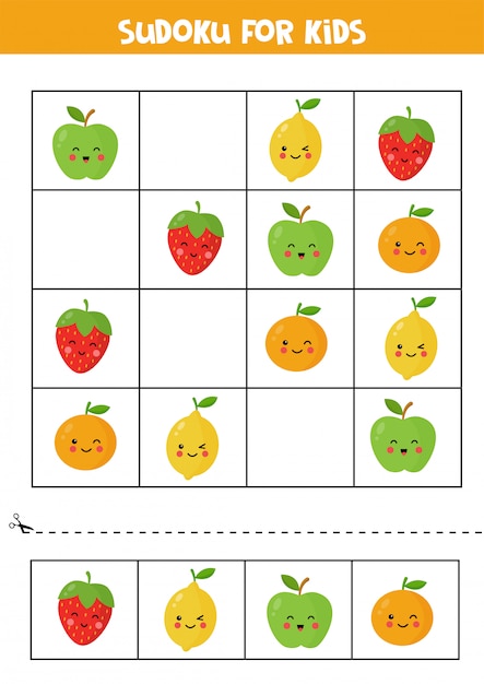 Sudoku para crianças com maçã kawaii fofa, laranja, morango e limão.