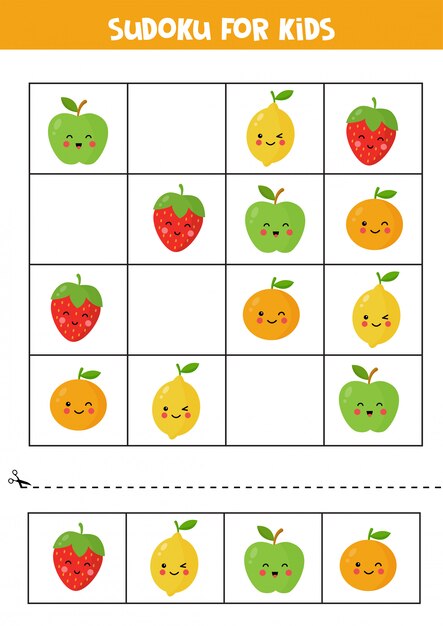 Sudoku para crianças com maçã kawaii fofa, laranja, morango e limão.