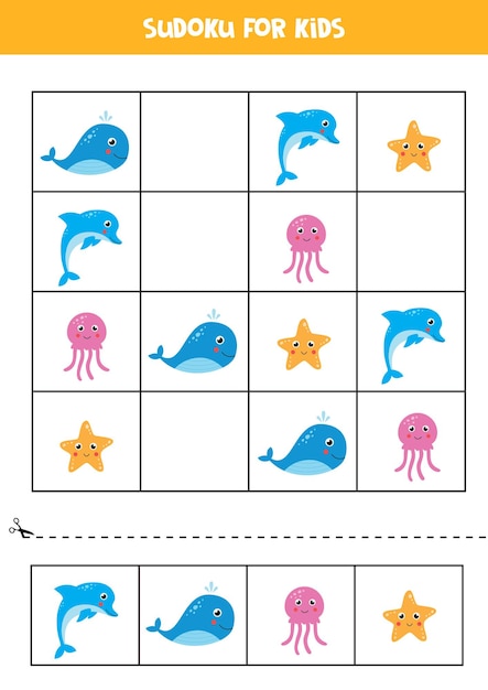 Sudoku para crianças em idade pré-escolar. jogo lógico com bonitos animais marinhos.