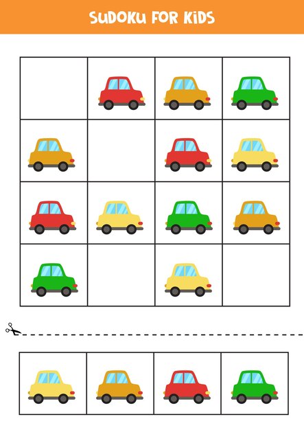 Sudoku para crianças em idade pré-escolar. jogo lógico com carros de desenhos animados coloridos.