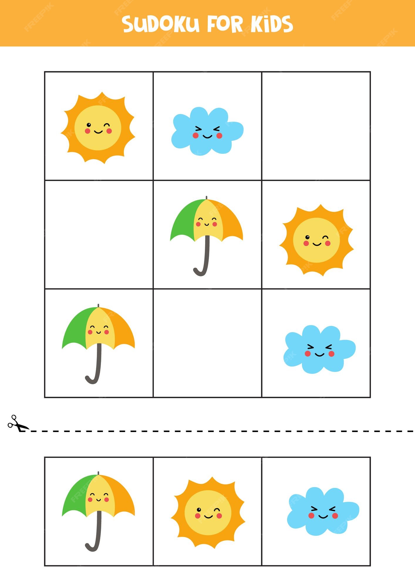 Sudoku para crianças em idade pré-escolar. jogo lógico com sol, nuvem e  guarda-chuva.