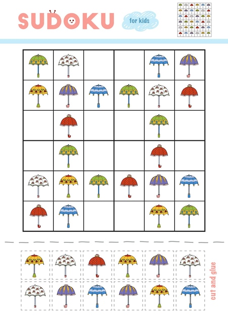 jogo de sudoku para crianças com sol bonito, nuvem e guarda-chuva. 2635419  Vetor no Vecteezy