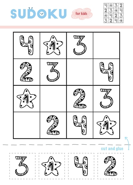 Vetor sudoku para crianças jogo de educação conjunto de números de desenho animado use tesoura e cola