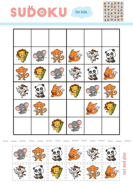 Sudoku para crianças jogo de educação conjunto de personagens de desenhos animados use tesouras e cola