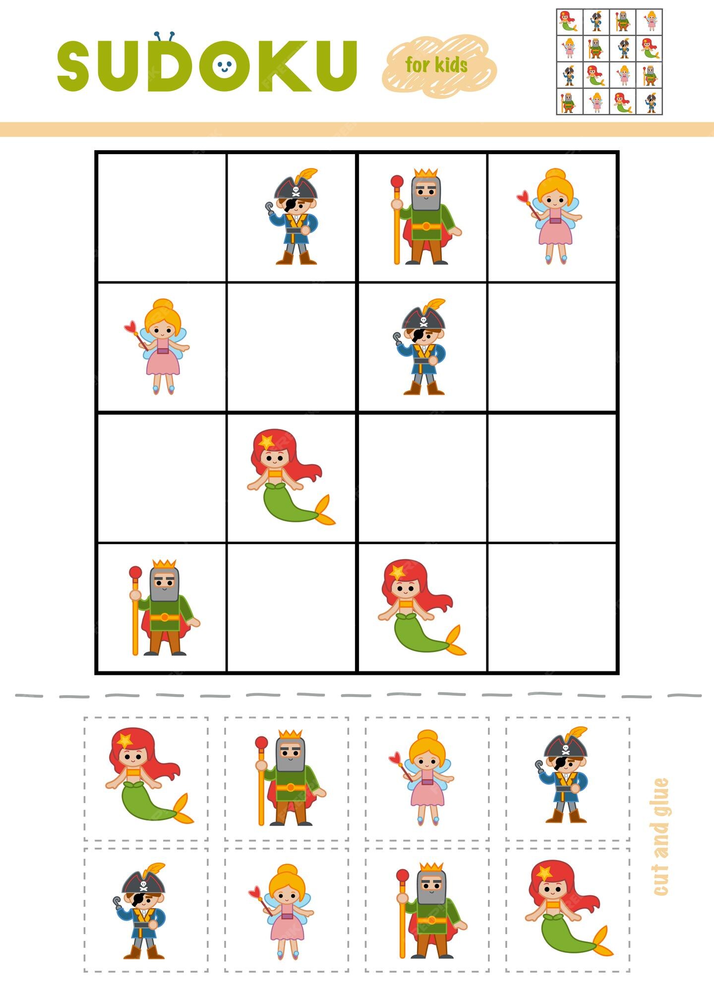 Jogo infantil sudoku, doces de desenho animado, personagens de