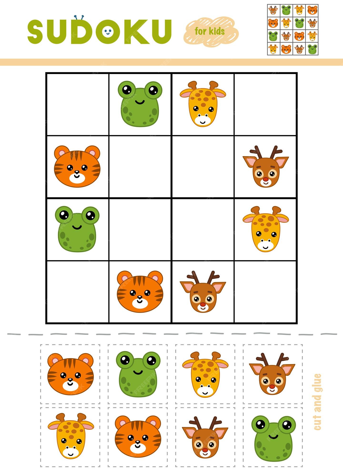 Jogo de educação para crianças sudoku fácil para crianças com folha de  trabalho de animal para impressão de macaco de desenho animado fofo urso de  veado