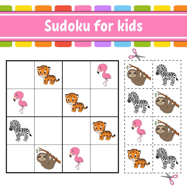 Sudoku fácil com três animais de fazenda squishmallow jogo quebra-cabeça  para crianças recorte e cole desenho animado