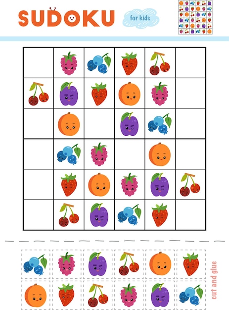 Sudoku para jogo de educação infantil conjunto de cores use tesoura e cola  para preencher os elementos que faltam