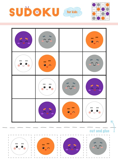 Sudoku para jogo de educação infantil conjunto de cores use tesoura e cola para preencher os elementos que faltam