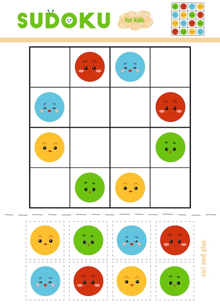 Sudoku para jogo de educação infantil conjunto de cores use tesoura e cola  para preencher os elementos que faltam