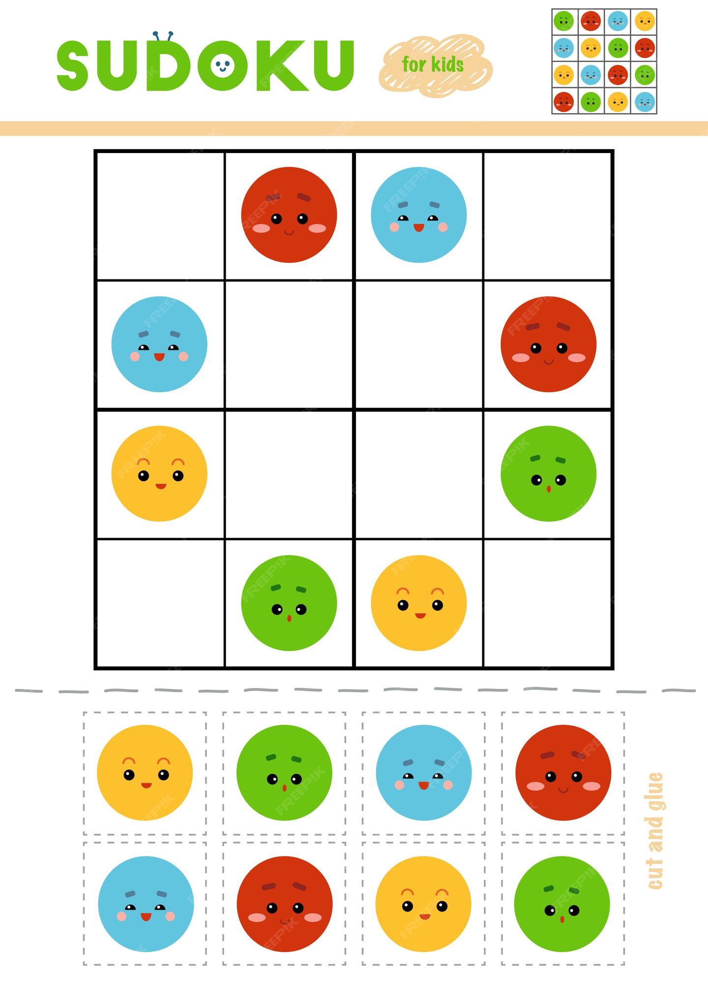 Sudoku para jogo de educação infantil conjunto de cores use tesoura e cola  para preencher os elementos que faltam