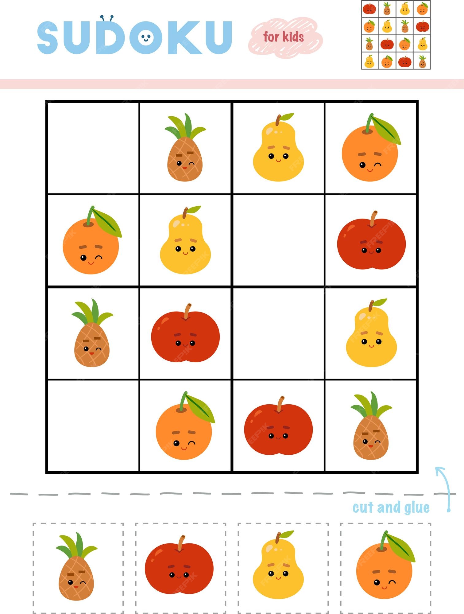 jogo de sudoku de frutas, planilha para impressão de jogos educativos para  crianças, ilustração vetorial isolada. 13218684 Vetor no Vecteezy