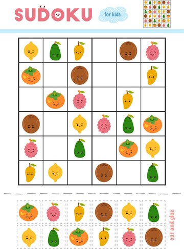 Sudoku para jogo de educação infantil conjunto de cores use tesoura e cola  para preencher os elementos que faltam