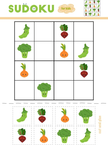 Sudoku para jogo de educação infantil conjunto de cores use tesoura e cola  para preencher os elementos que faltam