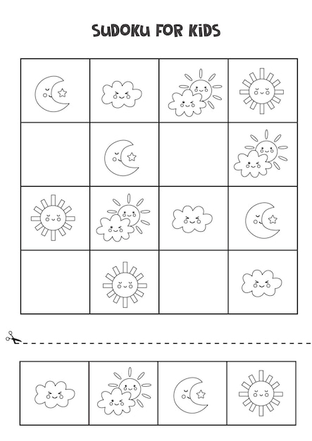 Sudoku preto e branco para crianças em idade pré-escolar. jogo lógico com elementos climáticos.