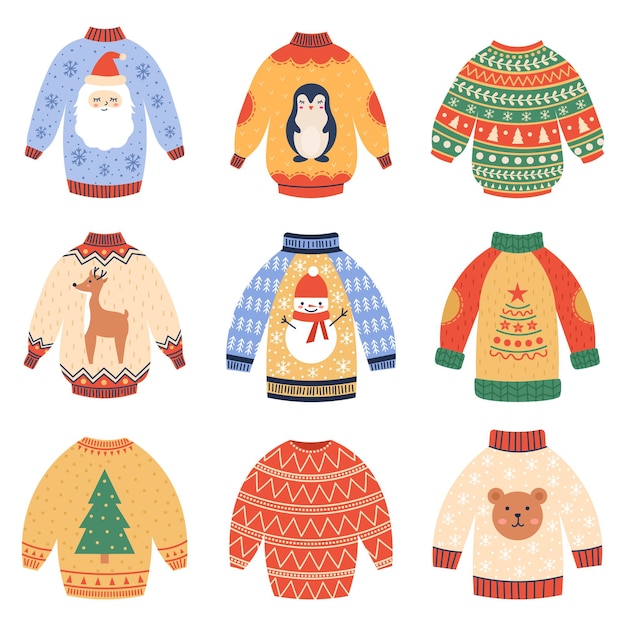 Suéteres de férias de inverno Conjunto de vetores de suéteres de lã de Natal fofos