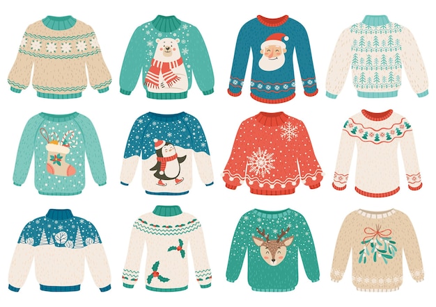 Suéteres feios de desenho animado conjunto de roupas quentes de inverno com enfeites de urso branco pinguim papai noel