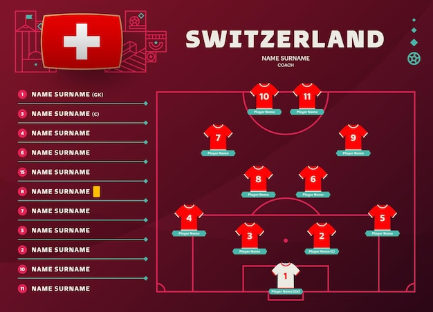 Suíça lineup world football 2022 torneio fase final ilustração vetorial tabela de escalação da equipe do país e formação da equipe no torneio de futebol de campo de futebol vector bandeiras do país