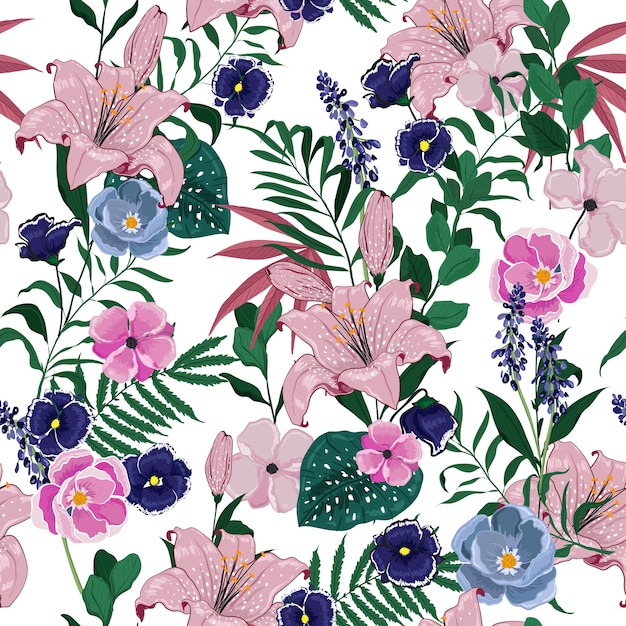 Vetor summer garden floral pattern tropical botânico