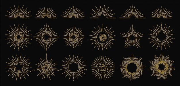 Sunburst dourado. ícones de raios radiantes. elementos vintage da chama do sol. design de logotipo de doodle estilo moderno