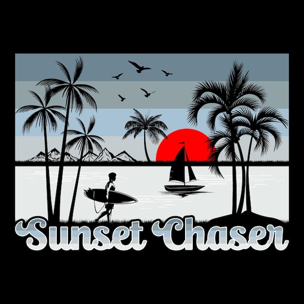 Vetor sunset chaser surfing beach sunset summer sublimation tshirt design (desenho de camiseta de sublimação de verão)