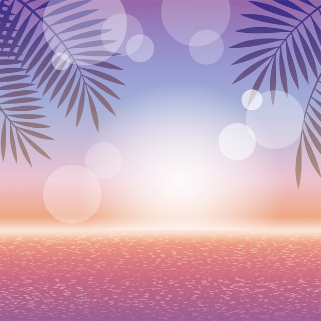 Sunset colors tropical resort square fundo com oceano, horizonte e folhas de palmeira.