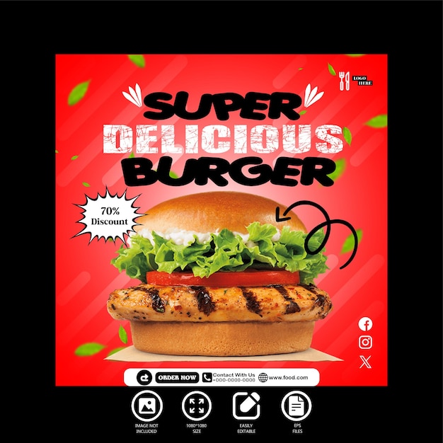 Vetor super delicioso desenho de hambúrguer postagem de mídia social e modelo de banner