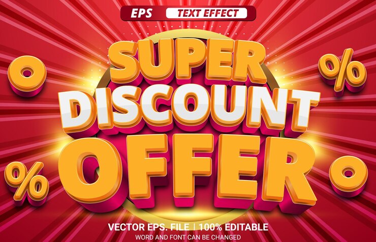 Vetor super desconto oferece efeito de texto vetorial 3d editável