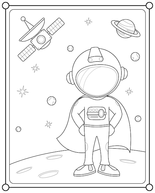 Super-herói astronauta no espaço adequado para ilustração vetorial de página para colorir infantil