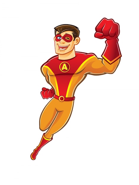 Super-herói bonito dos desenhos animados usando uma máscara está voando enquanto pisca e rindo alegremente