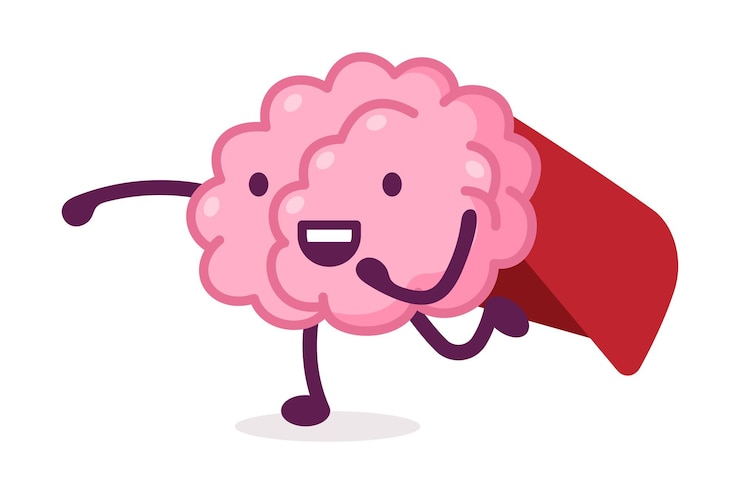 Vetor super-herói cérebro rosa correndo vestindo capa vermelha engraçado sistema nervoso humano órgão personagem de desenho animado