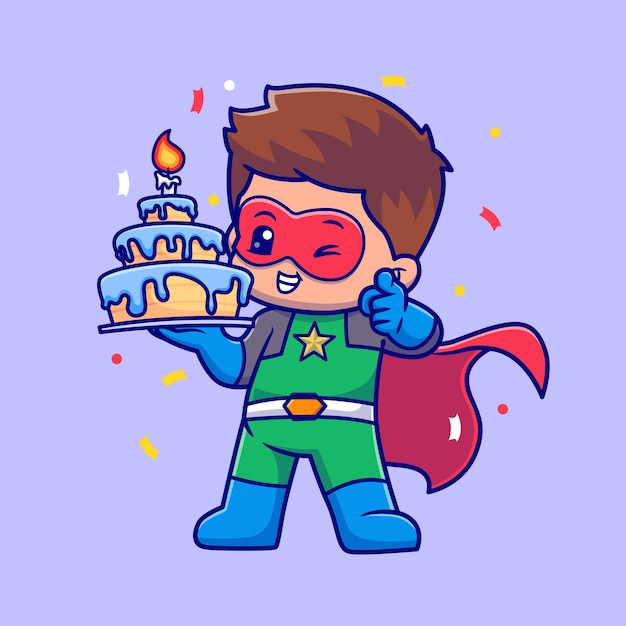 Super herói fofo segurando bolo de aniversário desenho animado vetor ícone ilustração pessoas feriado isolado plano