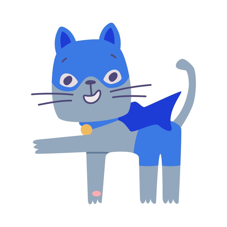 Vetor super-herói gato cinza vestindo máscara azul e capa tendo ilustração do vetor de superpoder