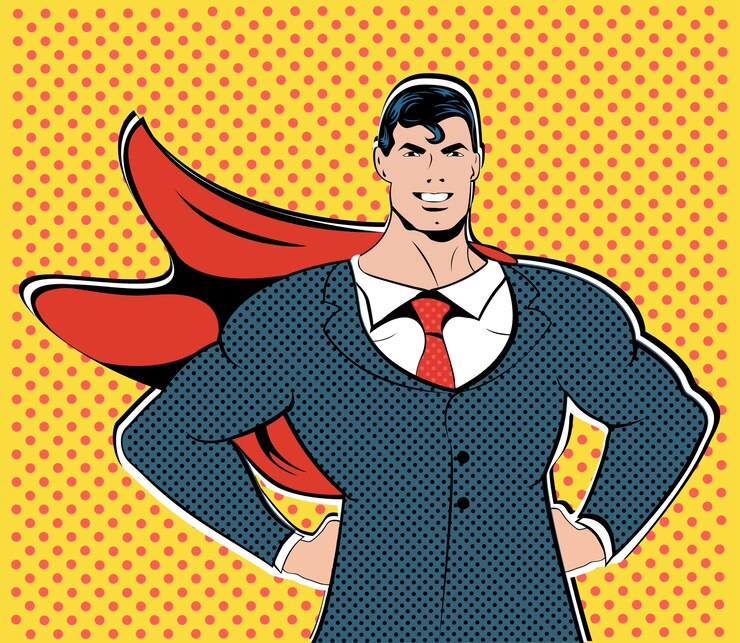 Vetor super herói masculino empresário pop art retrô