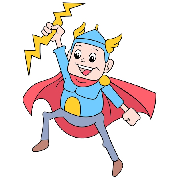 Vetor super-herói thor deus controlando relâmpagos como seu estilo principal, arte de ilustração vetorial. imagem de ícone do doodle kawaii.