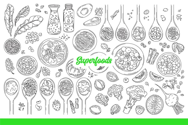 Superalimentos para uma melhor saúde graças a grãos orgânicos ou frutas e legumes desenhados à mão