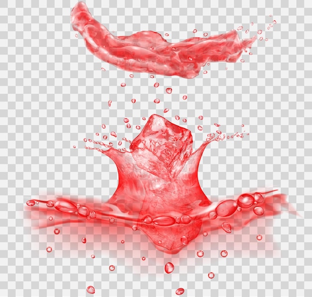 Vetor superfície da água translúcida com coroa e gotas de cubos de gelo caindo respingo em cores vermelhas isoladas em pano de fundo transparente vista lateral transparência apenas em arquivo vetorial