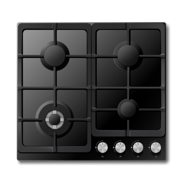 Superfície de cozimento a gás 3d vetor realista fogão cooktop superfície do fogão a gás preto isolado no fundo branco