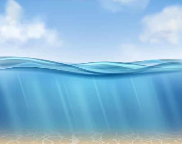 Superfície do oceano com água azul subaquática e raios de sol