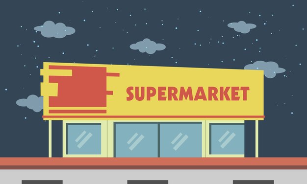 Supermercado à noite com estrelas e nuvens atrás