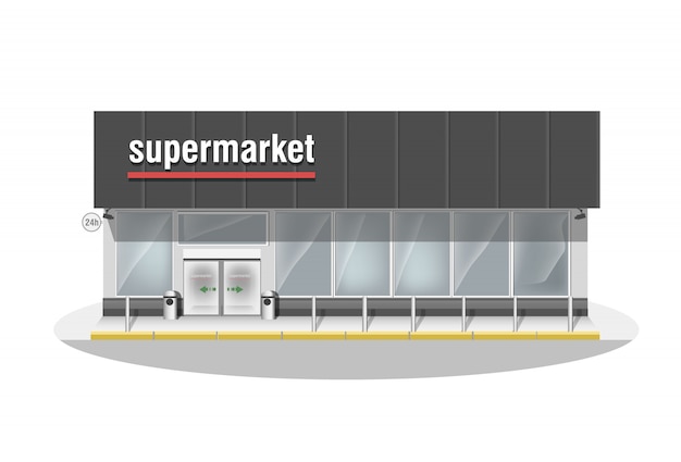 Supermercado composto. vitrine de loja grande premium e porta automática de entrada. armazene com janelas panorâmicas brancas.